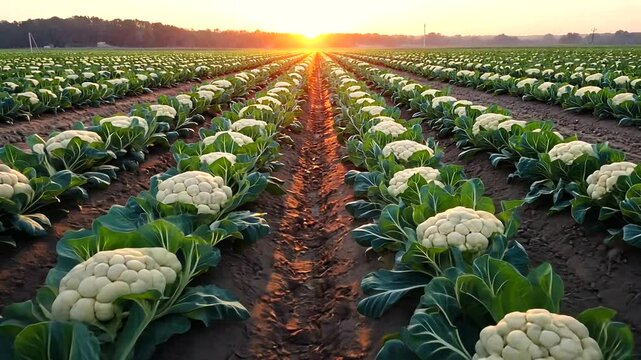 Lush cauliflower field at sunrise with vibrant rows and distant trees under a clear sky