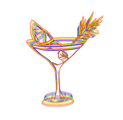 Rainbow-colored martini glass with lemon and rosemary on transparent background