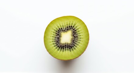 Vibrant green kiwi half, showcasing its intricate seeds and juicy flesh. Perfect for healthy food concepts, fresh fruit designs, and minimalist backgrounds.