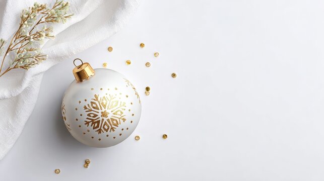 Elegant Christmas ornament with gold snowflake design on white background, surrounded by delicate foliage and scattered sequins.