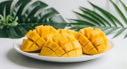 Delicious ripe mango, precisely cut into a hedgehog style, presented on a clean white dish. Perfect for culinary blogs, sweet treats, and natural fruit imagery.
