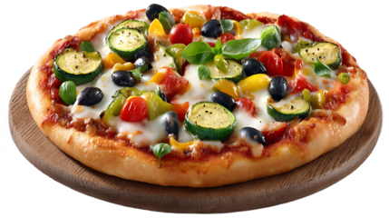 Vegetarian Pizza with Assorted Vegetables on a Wooden Board