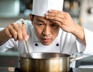 Focused Japanese chef checking the clock, lips pressed tight in concentration