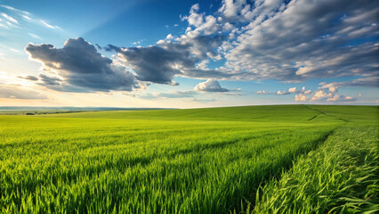 Vast green field under a dramatic sky with sun rays grass clouds