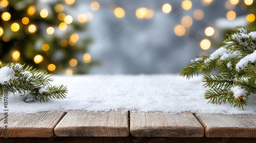 Canvas Prints snow-covered wooden table with pine branches and blurred festive lights in the background, creating 