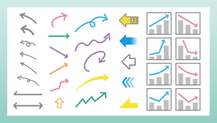 パステル調の矢印とグラフアイコンセット、ビジネスやプレゼン資料に最適なベクター素材｜矢印,グラフ,パステル,ビジネス,分析
