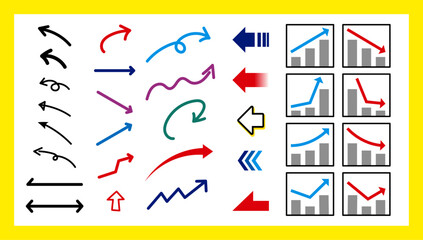 ビジネス資料やプレゼンに使える多様な矢印とグラフのベクターセット｜矢印,グラフ,ビジネス,データ,分析,成長,下降,上昇,アイコン