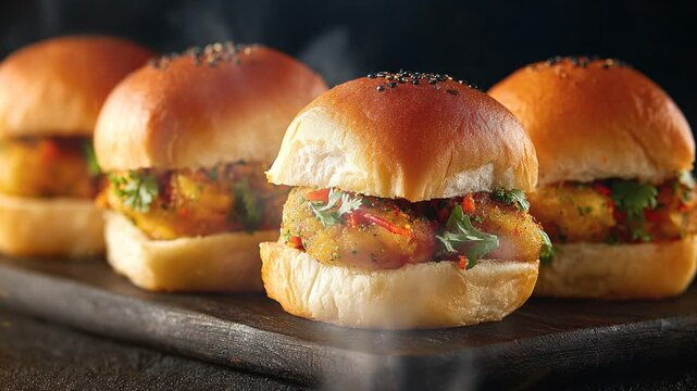 Vada pav indian food on dark background with smoke