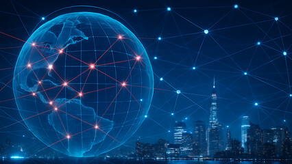 glowing earth network map over smart cityscape showing global data transfer technology with futuristic digital communication infrastructure