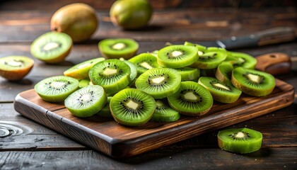 Sliced kiwi on a wooden board