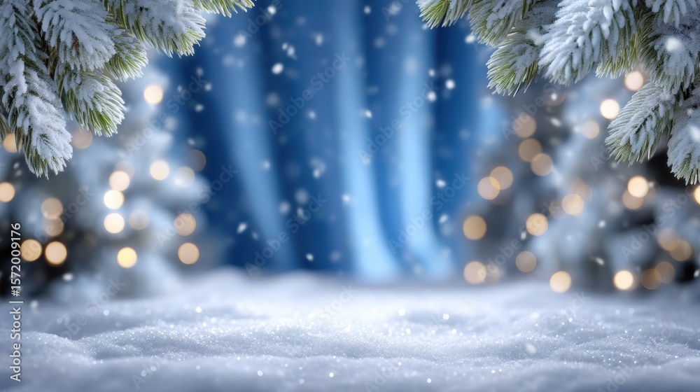 Wall mural snowy evergreen branches with a blurred winter background and soft bokeh lights create a serene, fes