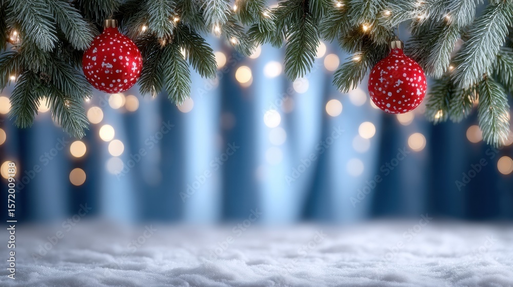 Sticker festive evergreen branches with red ornaments and twinkling lights, set against a blurred snowy back