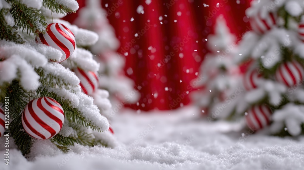 Wall mural snow-covered christmas trees adorned with red and white ornaments against a red background, creating