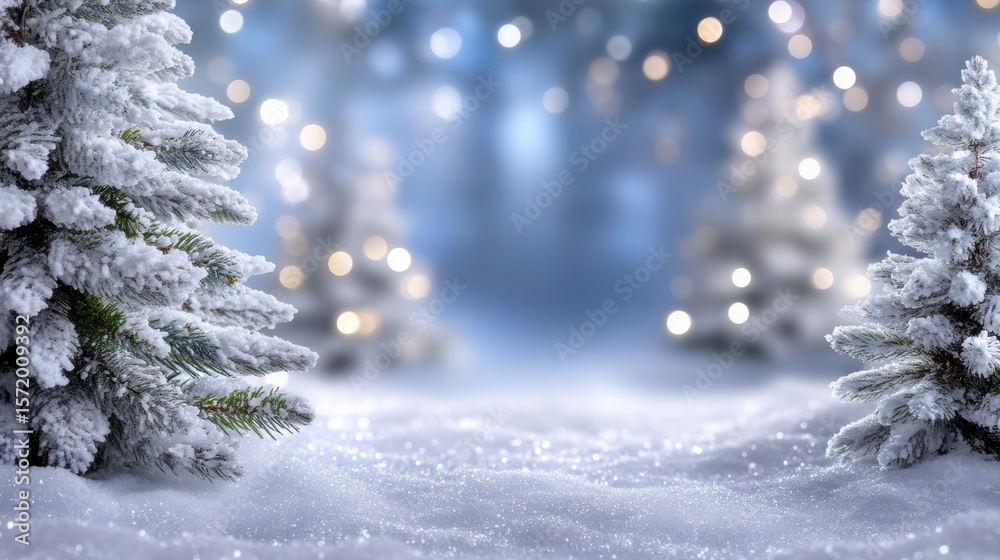 Canvas Prints snow-covered evergreen trees with blurred bokeh lights in a winter wonderland setting, creating a se