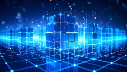 Digital cityscape of glowing blue cubes