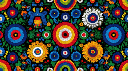 Vibrant Folk Art Floral Pattern, Traditional Embroidery Inspired Design