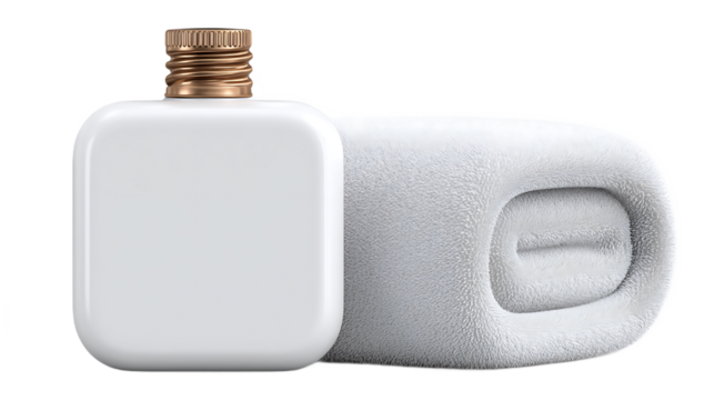 White Bottle With Golden Cap On Soft White Towel