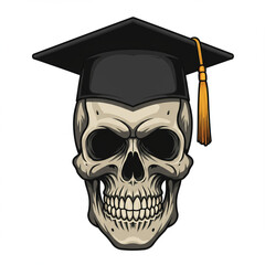 Graduation Skull Vector: Flat Design with Cap, Isolated on White Background. 