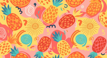 Vibrant stylized pineapples with textured skin varying colors and unique leaf designs.