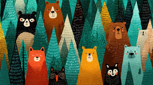 Whimsical Forest with Bears and Animals - Colorful Illustration