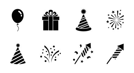 Black Celebration Icons: Balloon Gift Hat Fireworks Confetti Rocket.