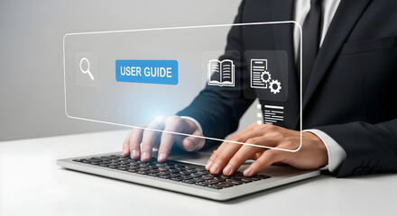 Digital interface for user guidance and technical support floats above a person using a keyboard.