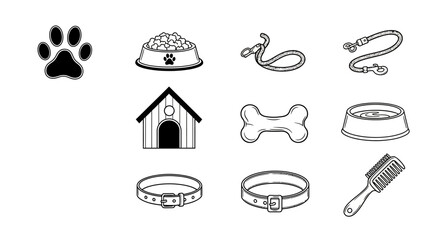 Collection of Black and White Dog Icons Depicting Various Pet Accessories.
