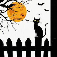 Halloween Night: Black Cat Silhouette on Fence Vector Illustration, Isolated.
