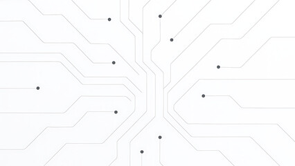 minimal white abstract circuit board layout with thin black lines and nodes forming symmetrical digital technology pattern for modern background
