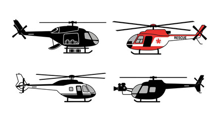 Fototapeta premium Four Helicopter Illustrations: Black Red Rescue News and Cargo Versions.