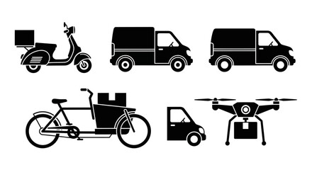 Black Silhouette Icons of Delivery Vehicles: Scooter Van Cargo Bike and Drone.