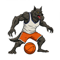 Werewolf having fun playing basketball in a vector style, isolated on white. 