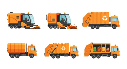 Fototapeta premium Orange Street Cleaning and Garbage Trucks Collection Set.