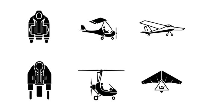 Collection of Black and White Aviation Icons: Planes Gyrocopters and Hang Glider.