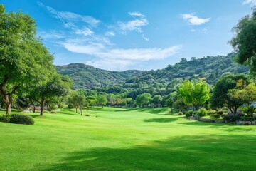 Lush green golf course with mountains in background