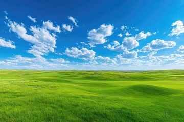 Fototapeta premium Expansive green landscape under a vibrant blue sky