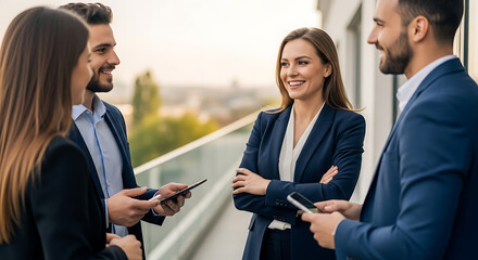 Four business professionals engage in a collaborative conversation on a rooftop.