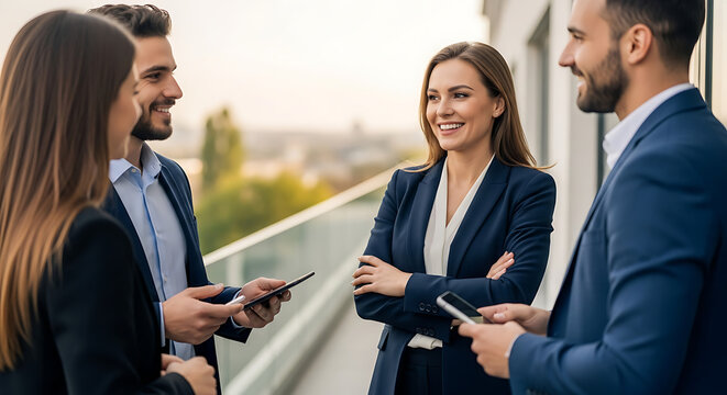 Four business professionals engage in a collaborative conversation on a rooftop. 