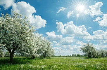 Obraz premium Blossoming trees in a field under a bright blue sky