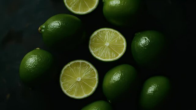 Limes arranged on dark surface