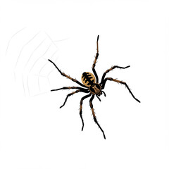 Detailed flat vector illustration of spider on web, isolated on white background.