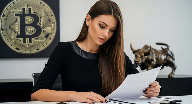Elegant woman analyzes documents, a symbol of finance and success in the room.