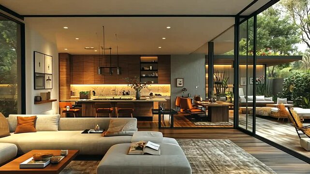 Modern luxurious open plan living with kitchen, dining, and outdoor lounge area design