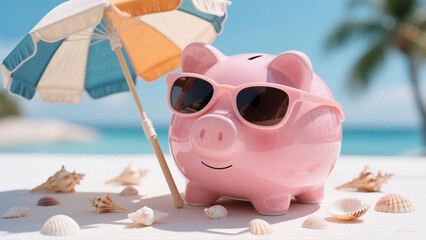 Piggy bank wearing sunglasses enjoying a beach vacation representing financial planning