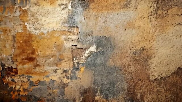 Textured wall with peeling paint in warm tones, showcasing age and wear in an urban setting