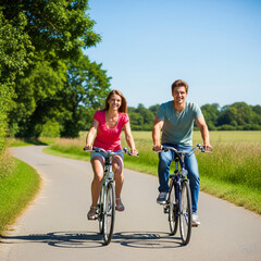Couple Cycling on Sunny Country Road: A happy couple enjoys a leisurely bike ride along a scenic country road, bathed in bright sunshine. The idyllic setting evokes feelings of freedom, adventure.