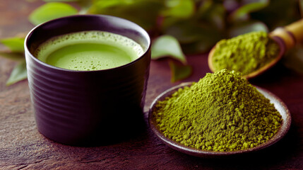 matcha green tea in a cup and matcha powder
