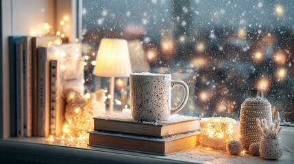 Cozy Winter Windowsill Scene With Snowfall And Warm Lighting