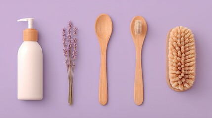 Natural Toiletries Flat Lay Lavender, Wooden Utensils, and Body Brush