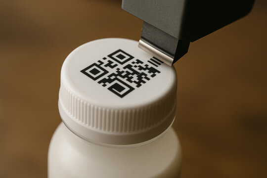 Qr code on bottle cap with expiry date scanner for quality control in packaging